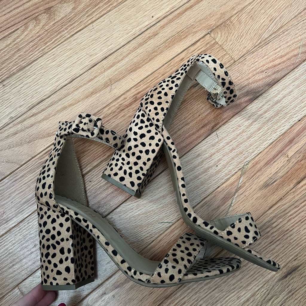 Beige Black Spotted Block Heel Sandals - Women's Dress Heels